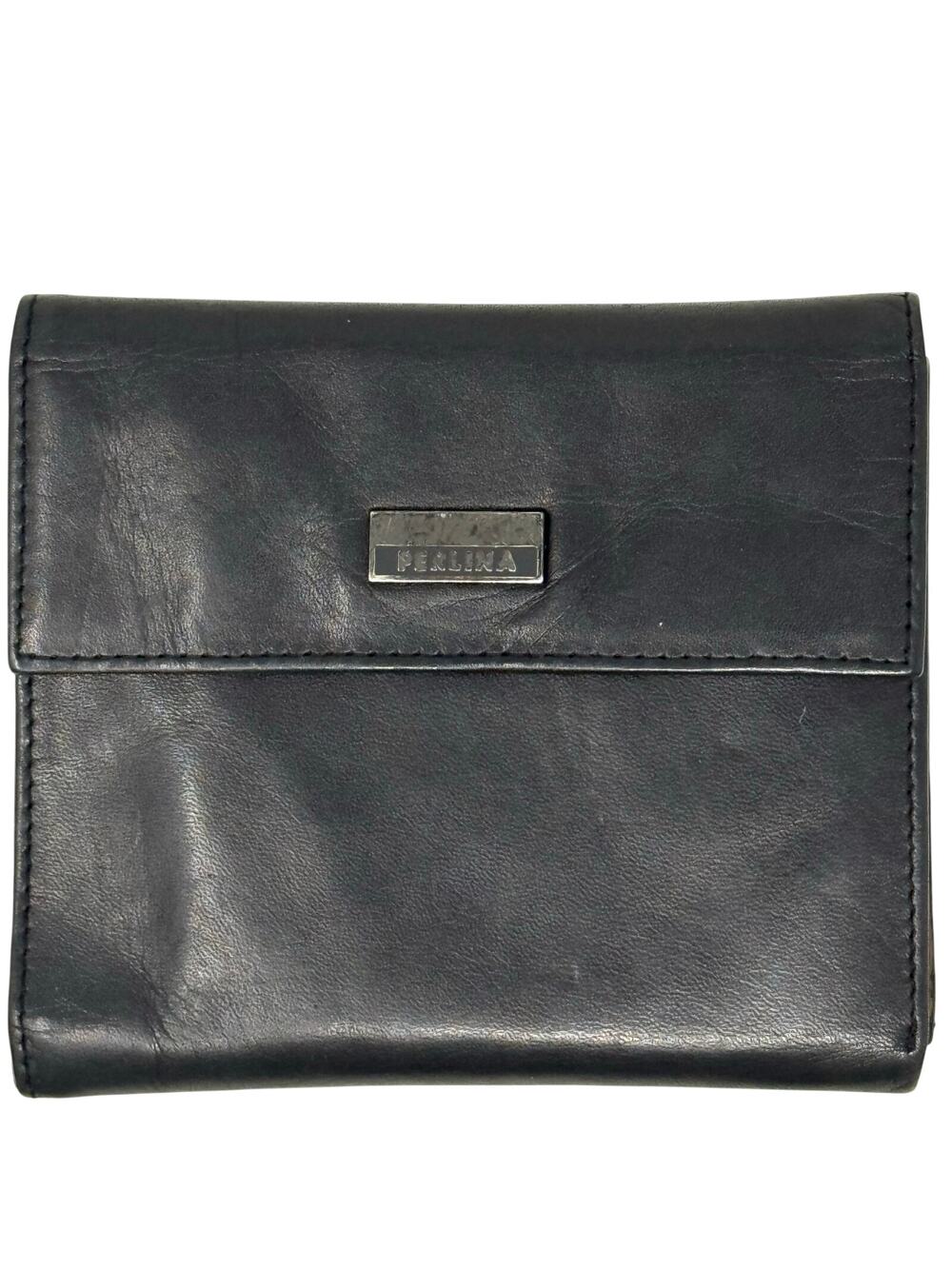 Vintage 00s Perlina New York Black Leather Wallet Clutch Organizer Zip Pocket